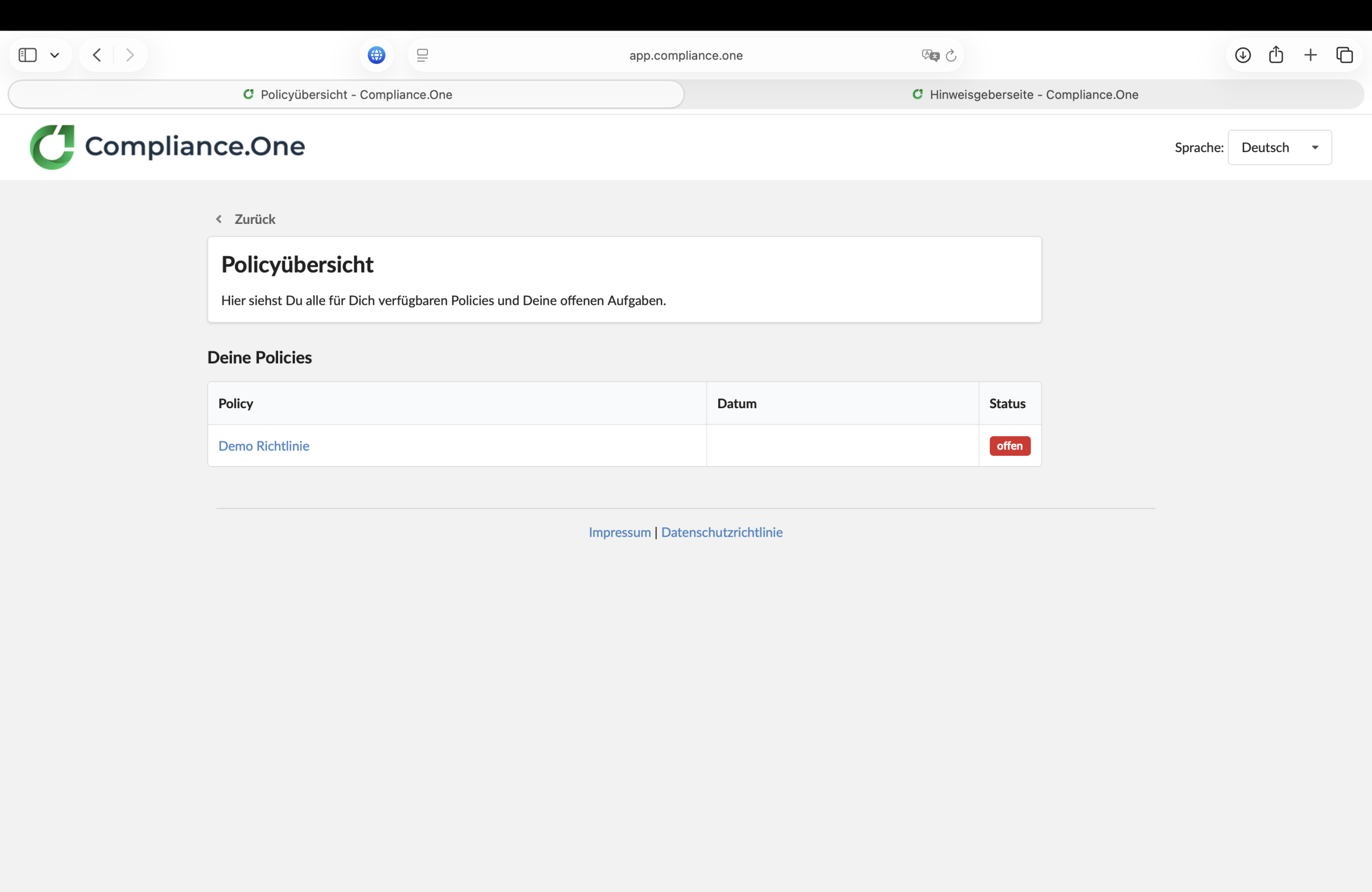 Policy Übersicht Screenshot Plattform