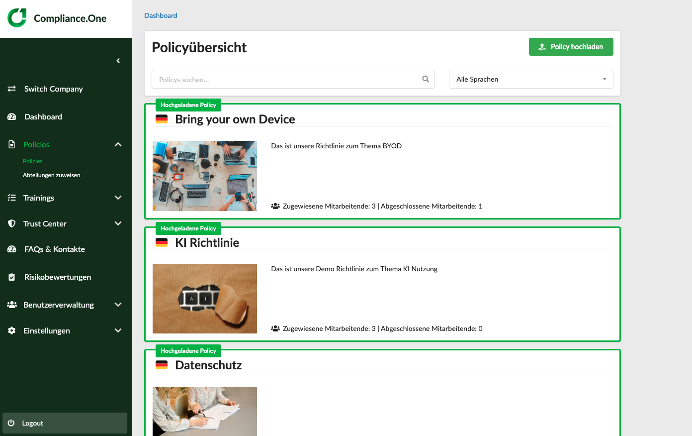 Policyübersicht Screenshot Plattform
