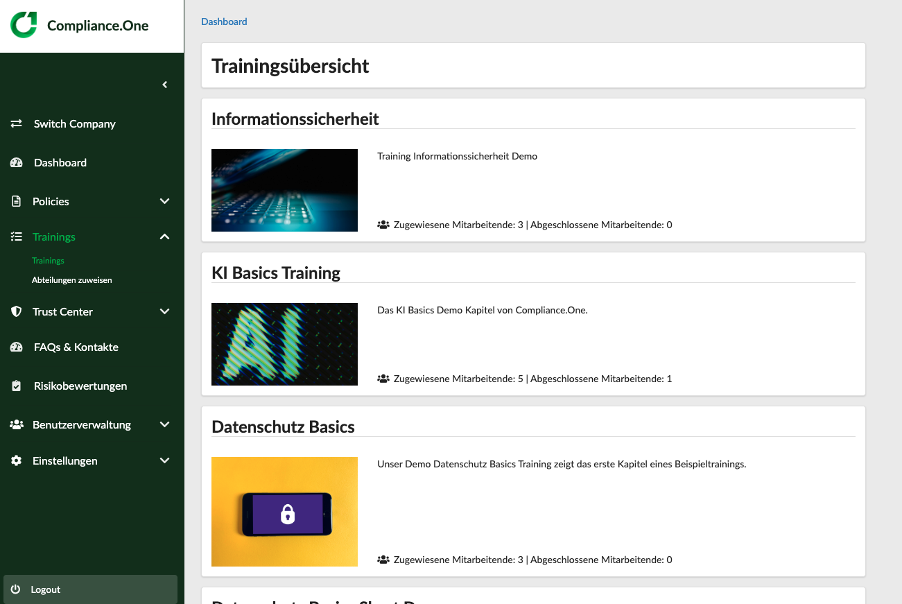 Trainingsübersicht Screenshot Plattform