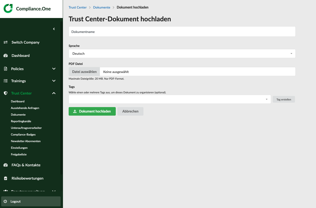 Trust Center Dokument hochladen Screenshot Plattform