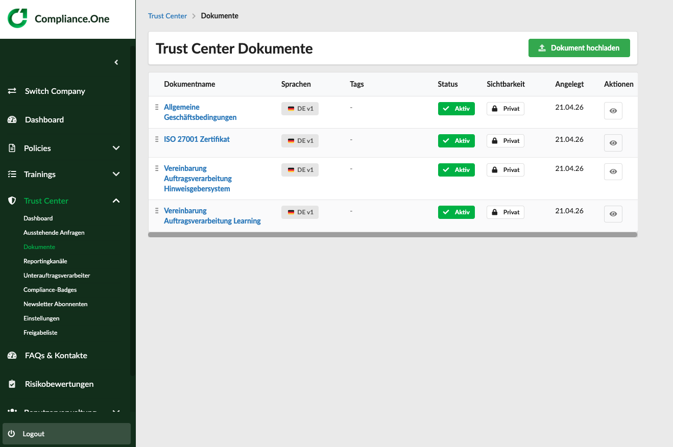 Trust Center Dokumente Screenshot Plattform