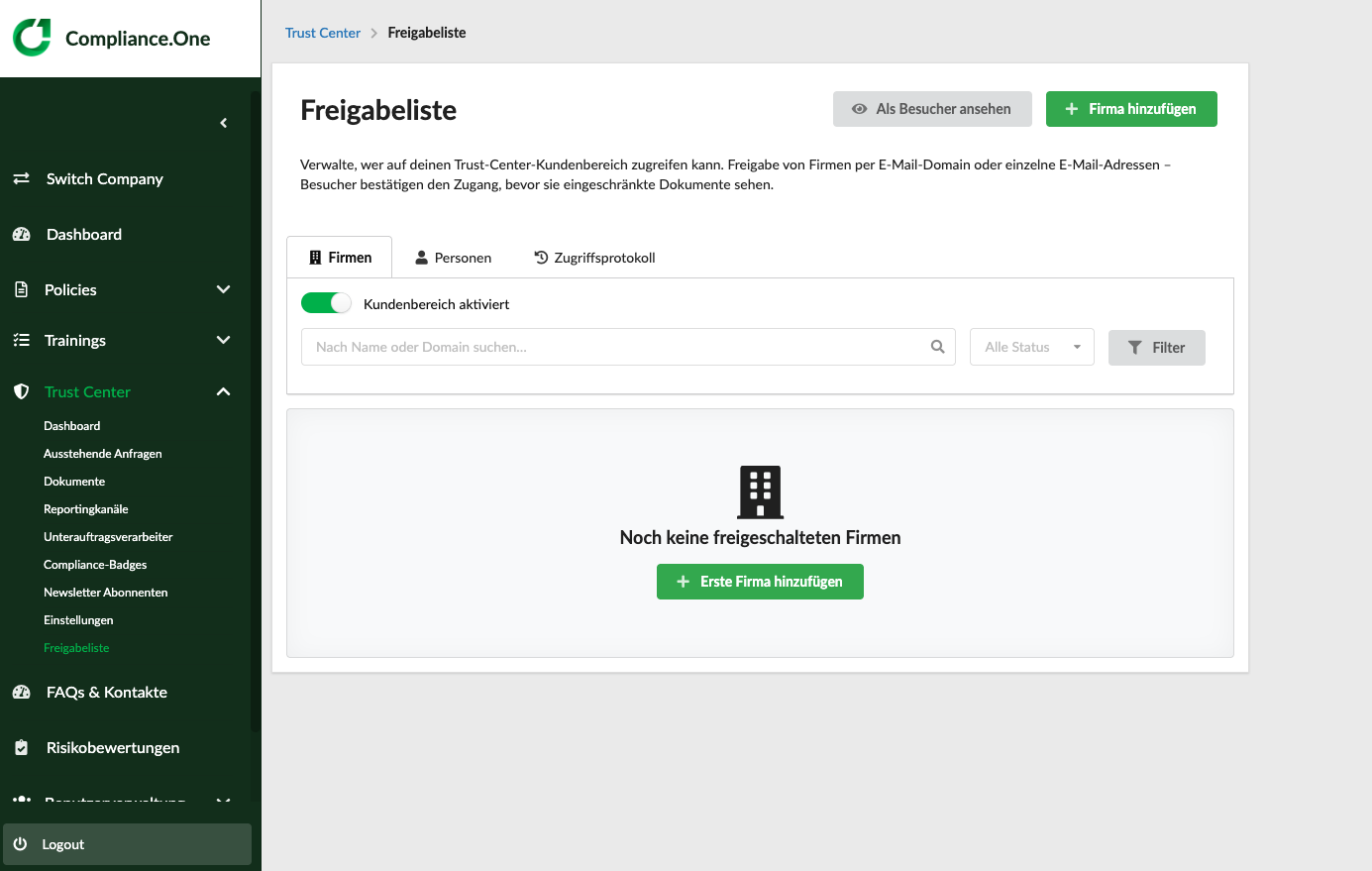 Trust Center Freigabeliste Screenshot Plattform