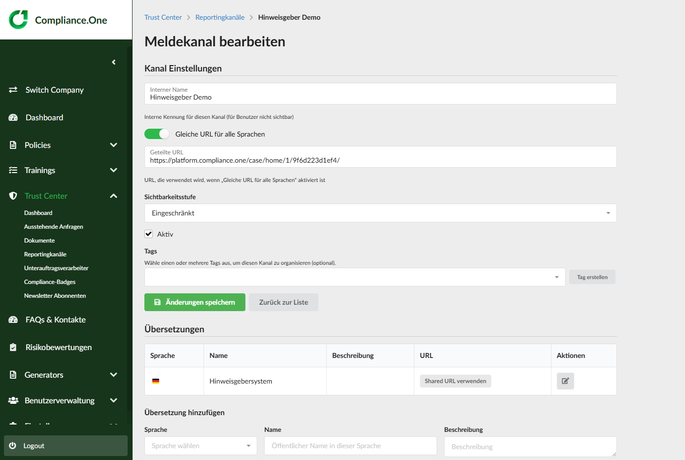 admin_trust-center_reporting-channel Screenshot Plattform