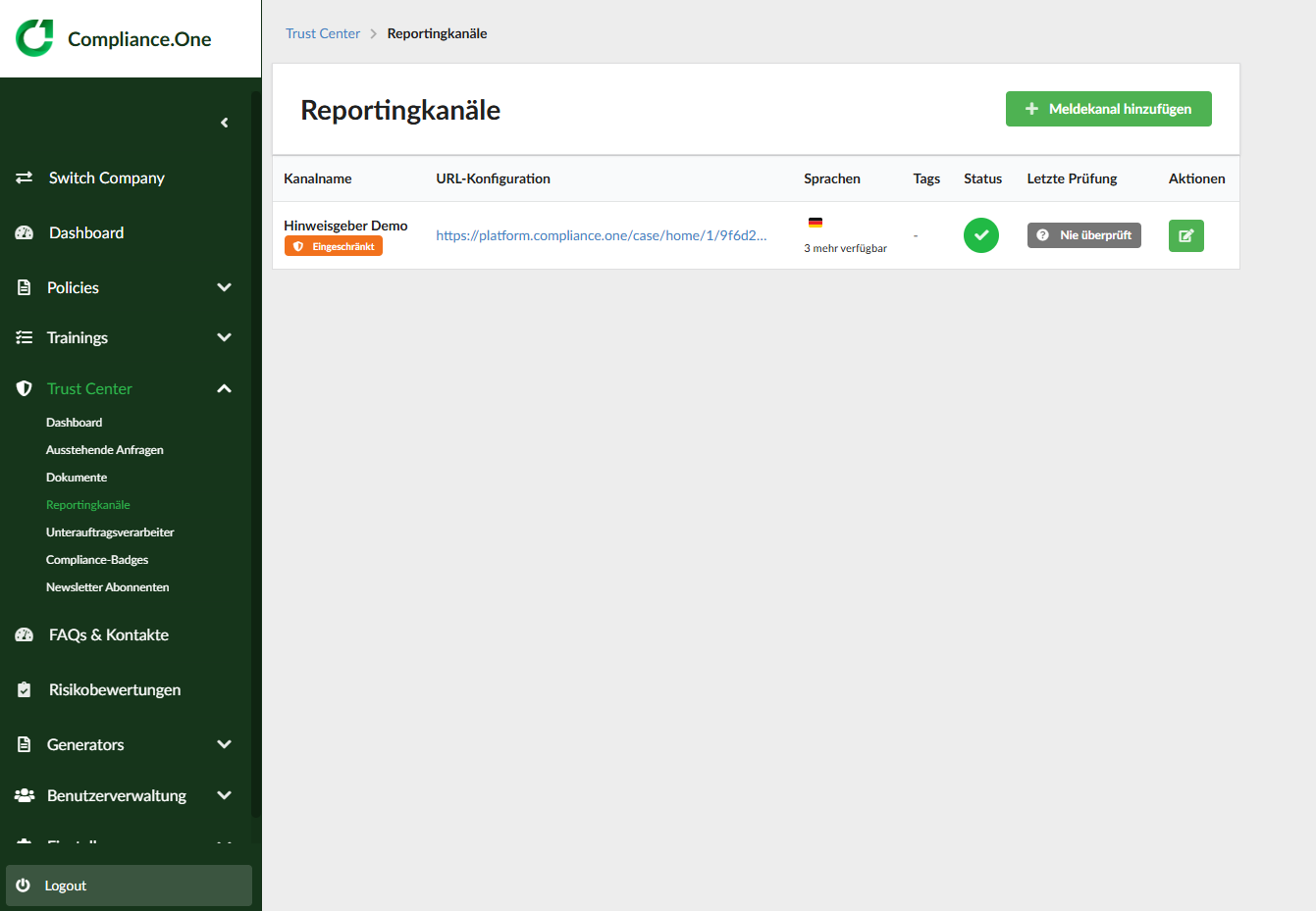admin_trust-center_reporting-channel_overview Screenshot Plattform