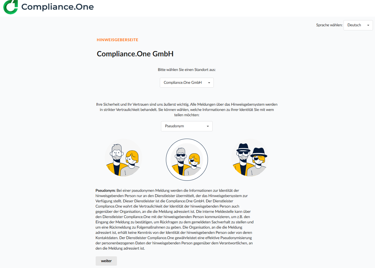 whistleblowing_start Screenshot Plattform